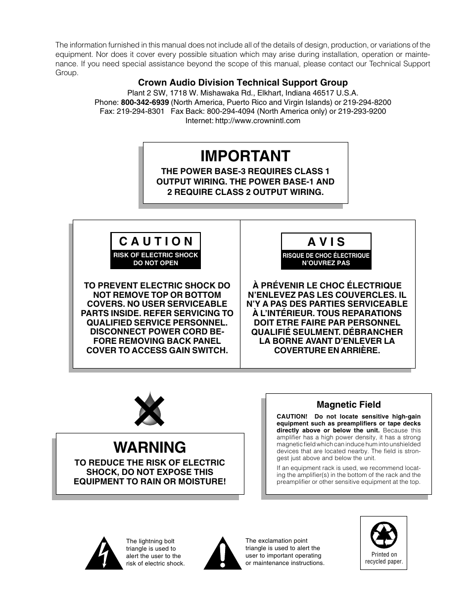 Warning, Important, A v i s | Crown POWER BASE 3 User Manual | Page 3 / 21