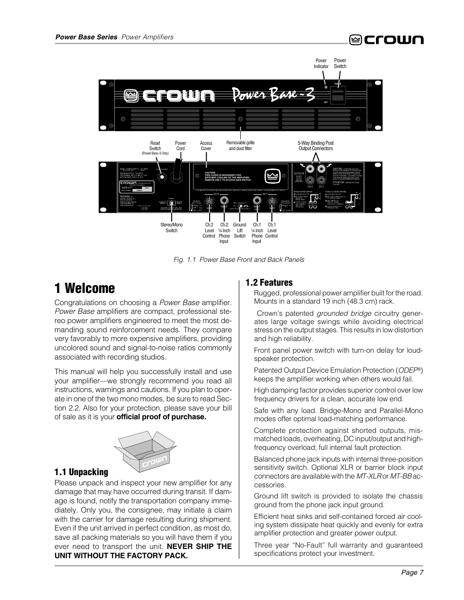 1 welcome, 2 features, 1 unpacking | Grounded bridge, Odep, Mt-xlr, Mt-bb, Power base series power amplifiers page 7, Power switch, Way binding post output connectors | Crown POWER BASE 3 User Manual | Page 7 / 21