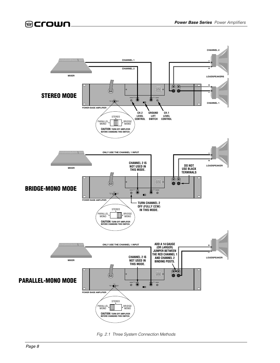 Stereo mode bridge-mono mode, Parallel-mono mode, Power base series power amplifiers page 8 | Fig. 2.1 three system connection methods | Crown POWER BASE 3 User Manual | Page 8 / 21