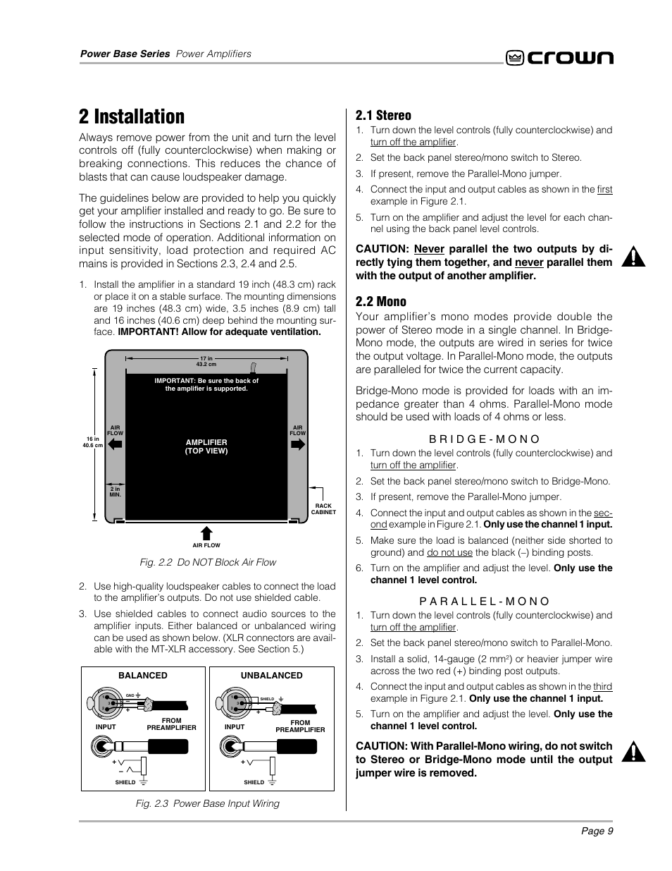 2 installation, 1 stereo, 2 mono | Crown POWER BASE 3 User Manual | Page 9 / 21