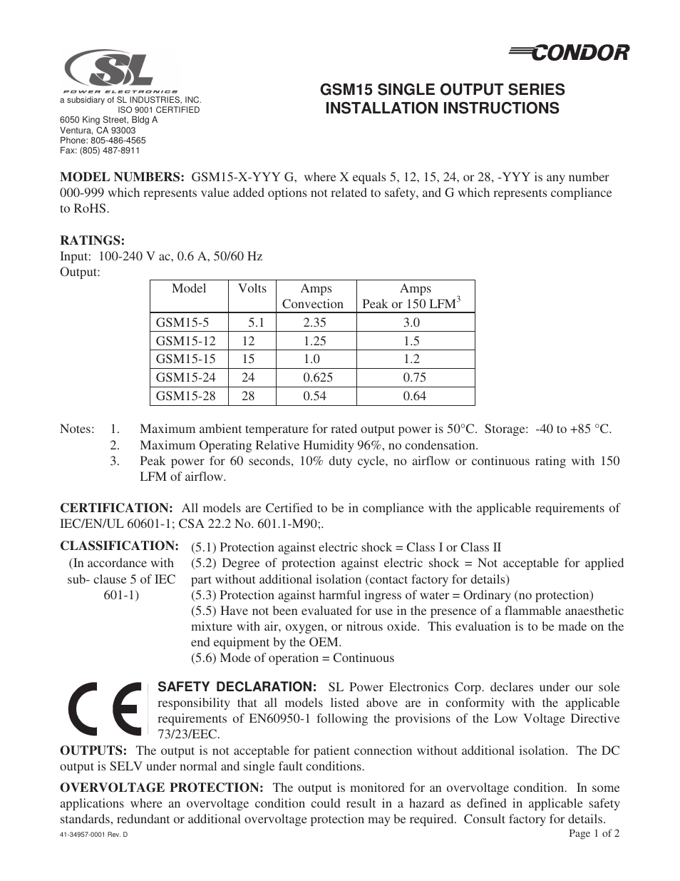 SL Power Electronics GSM15 User Manual | 2 pages