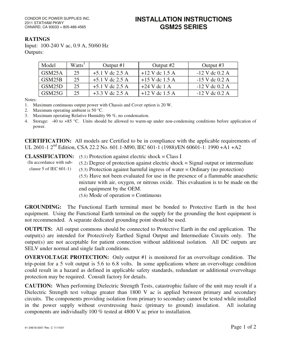 SL Power Electronics GSM25 User Manual | 2 pages