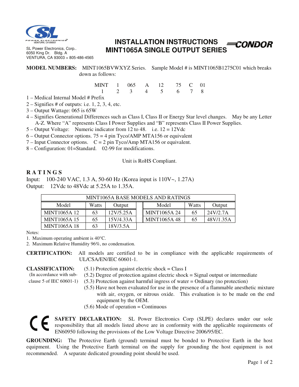 SL Power Electronics MINT1065A Series User Manual | 2 pages