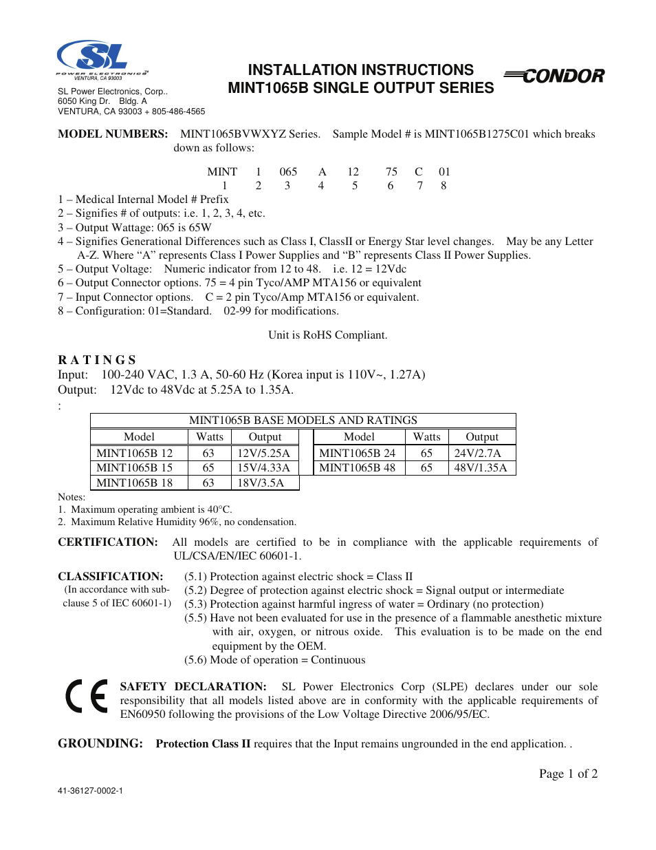SL Power Electronics MINT1065B Series User Manual | 2 pages
