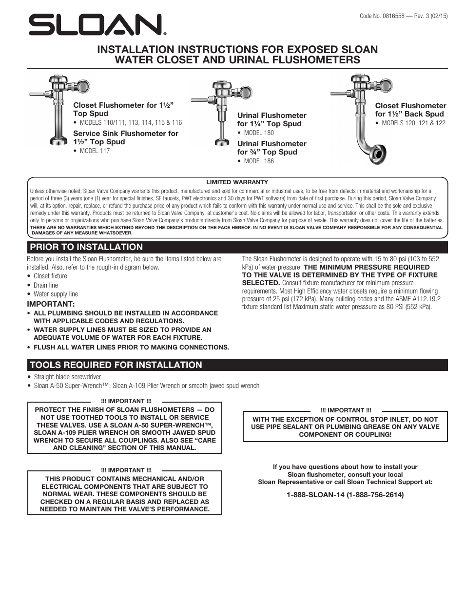 Sloan 110 Sloan Exposed Flushometer User Manual | 4 pages