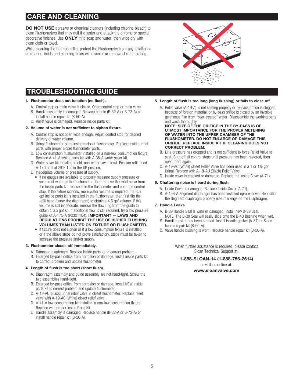 Care and cleaning troubleshooting guide | Sloan 110 Regal Exposed Flushometer User Manual | Page 5 / 6