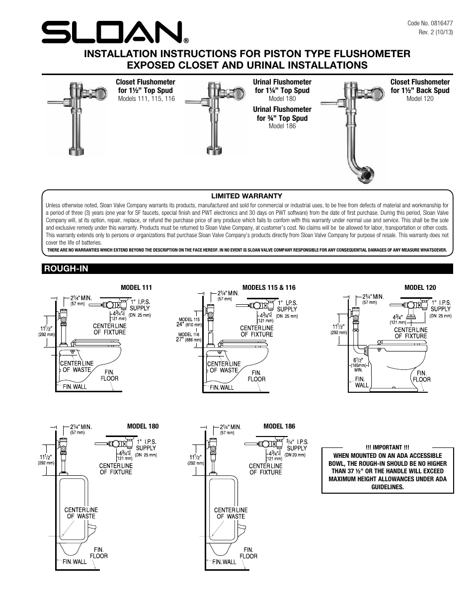 Sloan 111 Crown/Crown II Exposed Flushometer User Manual | 6 pages