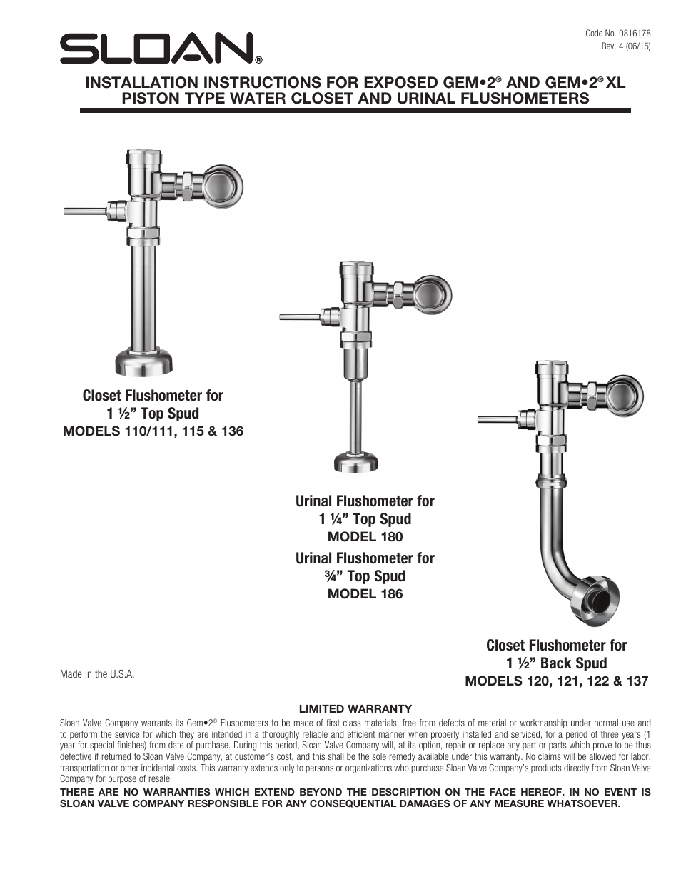 Sloan 136 GEM 2 Exposed Flushometer User Manual | 6 pages