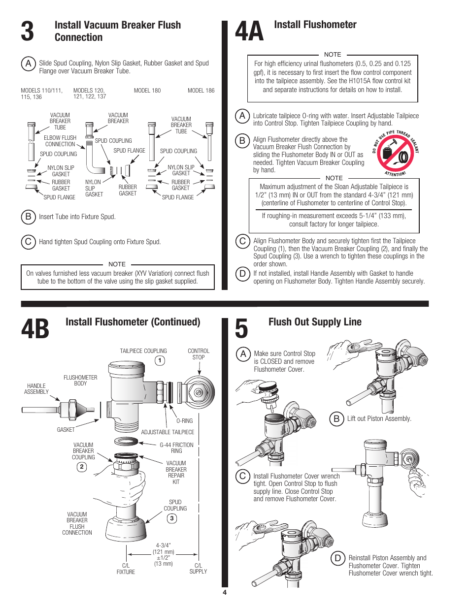 Install vacuum breaker flush connection, Install flushometer, Install flushometer (continued) | Flush out supply line | Sloan 136 GEM 2 Exposed Flushometer User Manual | Page 4 / 6