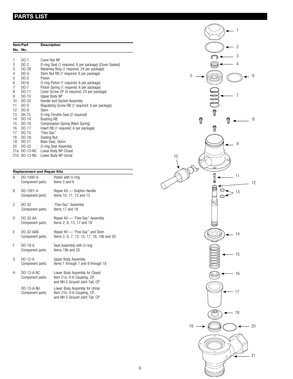 Parts list | Sloan 110 Dolphin Flushometer User Manual | Page 6 / 7
