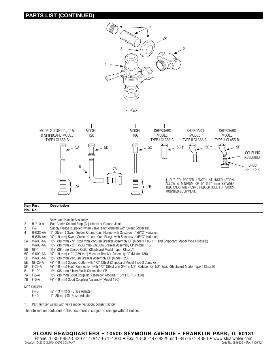 Parts list (continued) | Sloan 110 Dolphin Flushometer User Manual | Page 7 / 7