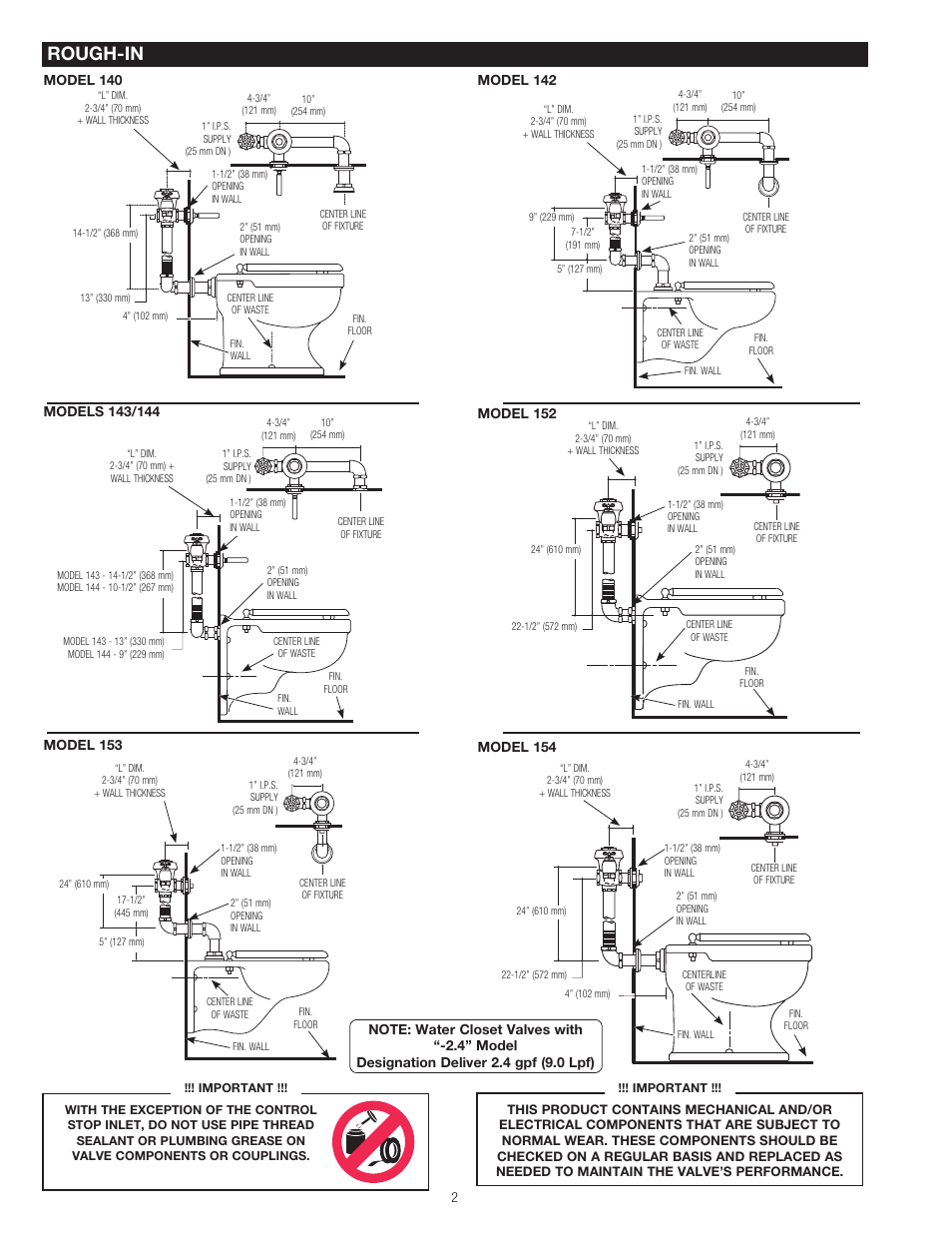 Rough-in | Sloan 140 Royal / Regal Standard Concealed Flushometer User Manual | Page 2 / 6