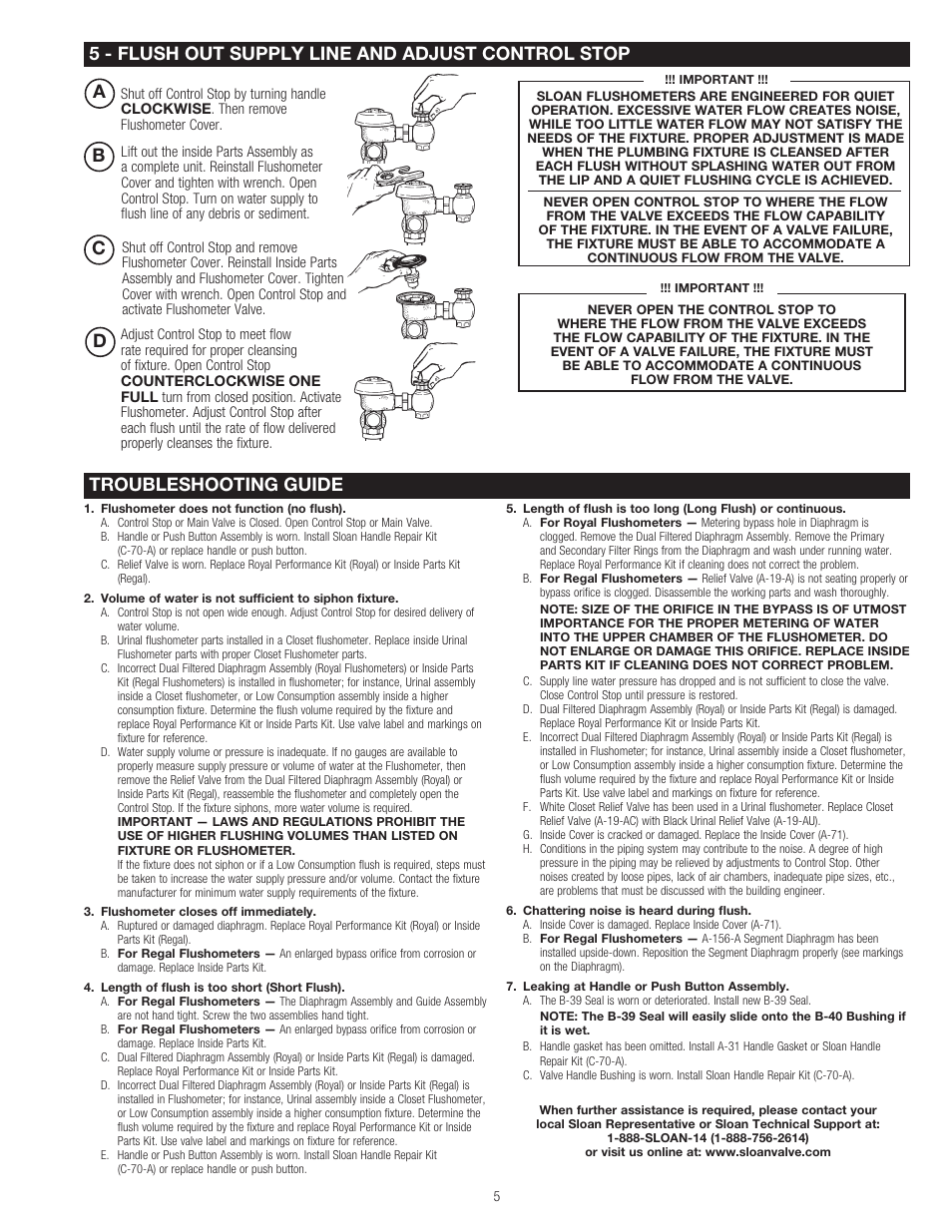 D5 - flush out supply line and adjust control stop, Troubleshooting guide | Sloan 140 Royal / Regal Standard Concealed Flushometer User Manual | Page 5 / 6