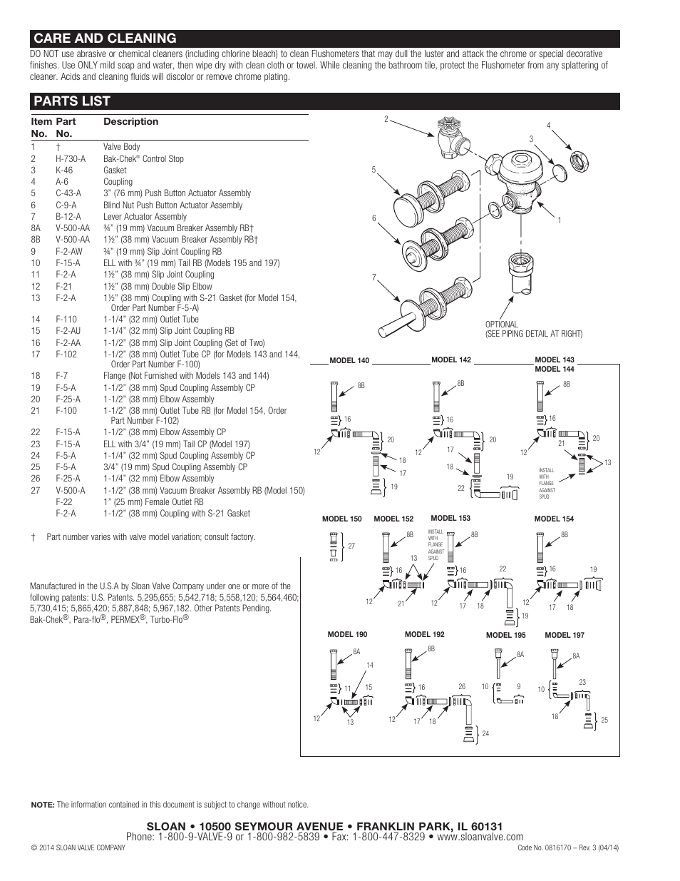 Parts list, Care and cleaning | Sloan 140 Royal / Regal Standard Concealed Flushometer User Manual | Page 6 / 6