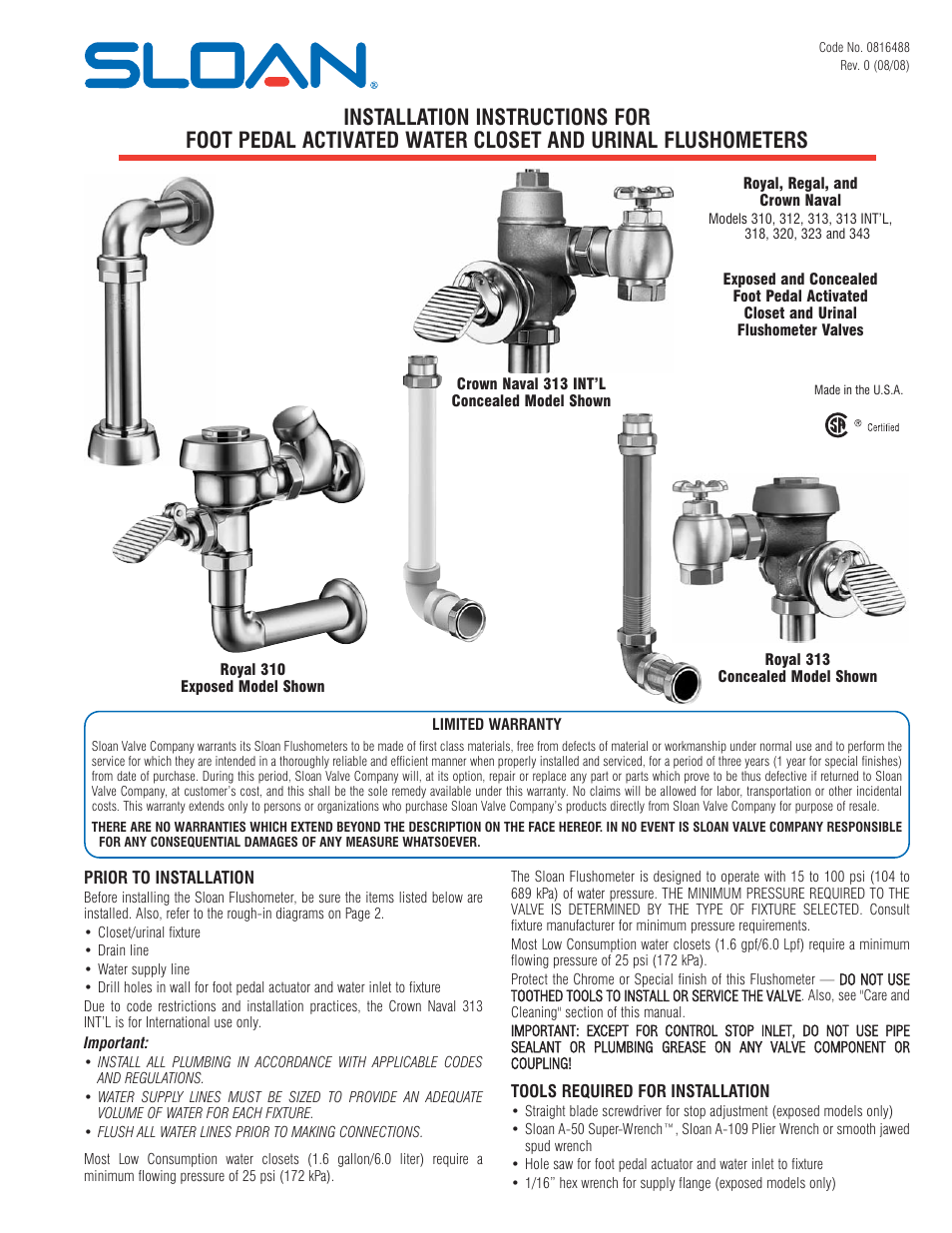 Sloan 310 Foot Pedal Flushometer User Manual | 7 pages