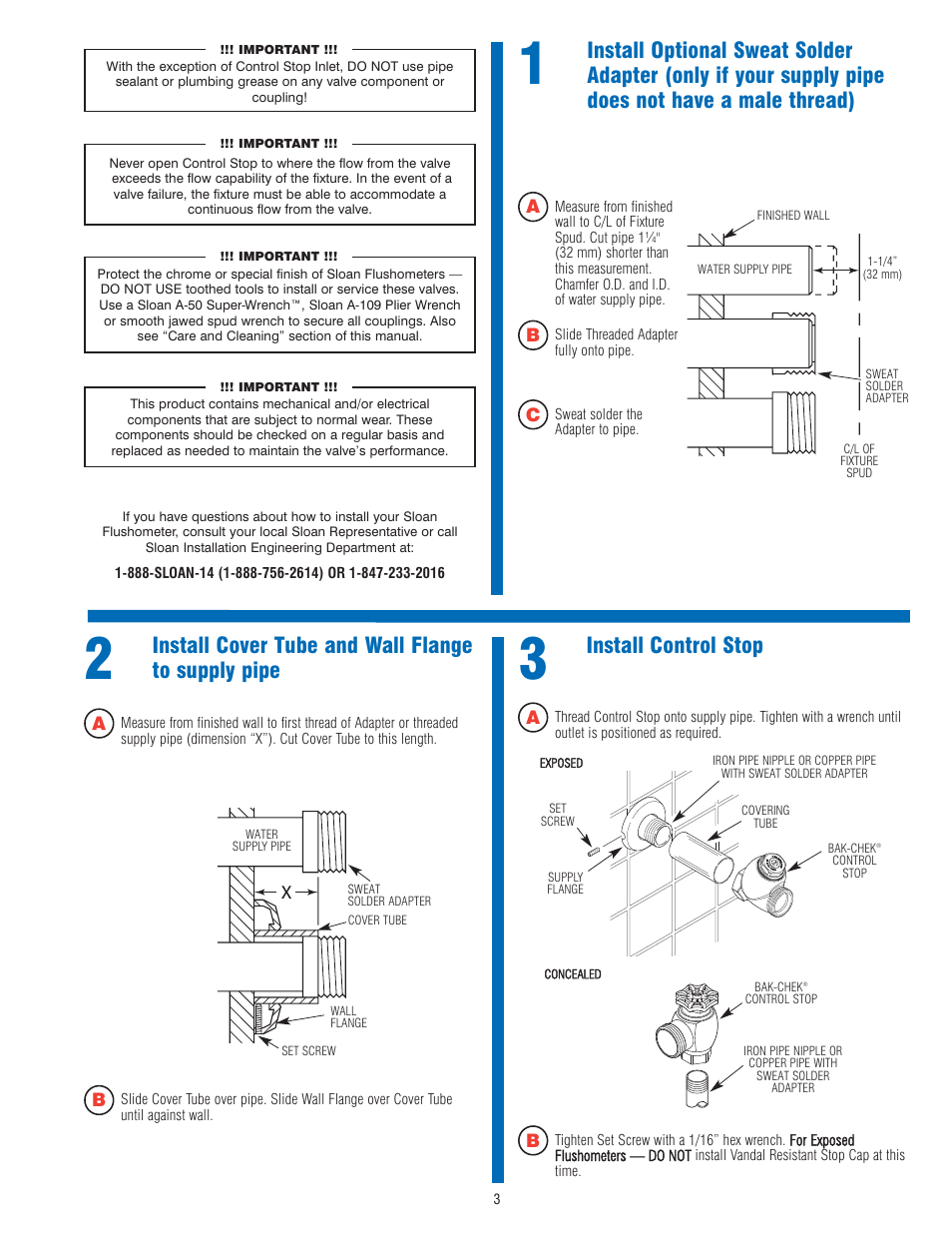 Install cover tube and wall flange to supply pipe, Install control stop | Sloan 310 Foot Pedal Flushometer User Manual | Page 3 / 7