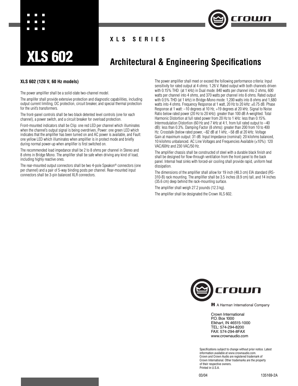 Crown XLS SERIES XLS 602 User Manual | 1 page