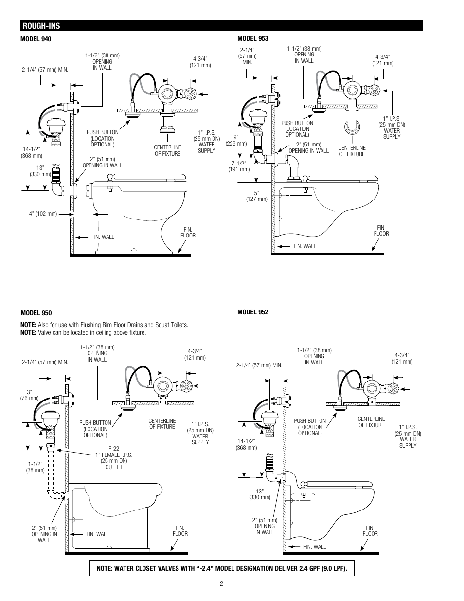 Rough-ins | Sloan 952 Royal Concealed 900 Hydraulic Series User Manual | Page 2 / 8