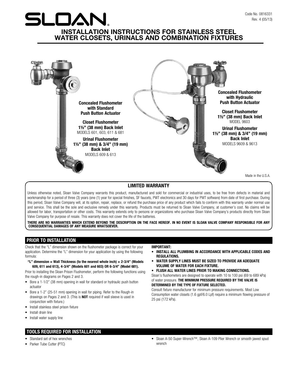 Sloan 601 Prison Flushometer User Manual | 8 pages