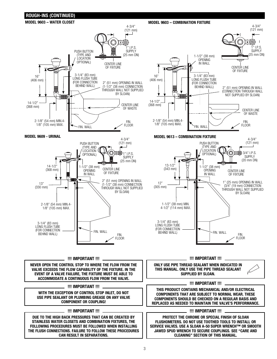 Rough-ins (continued) | Sloan 601 Prison Flushometer User Manual | Page 3 / 8