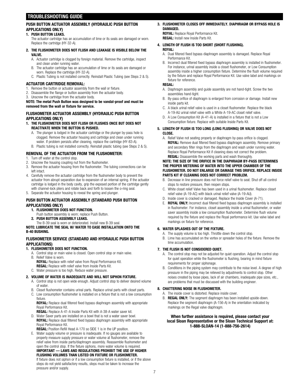 Troubleshooting guide | Sloan 601 Prison Flushometer User Manual | Page 7 / 8