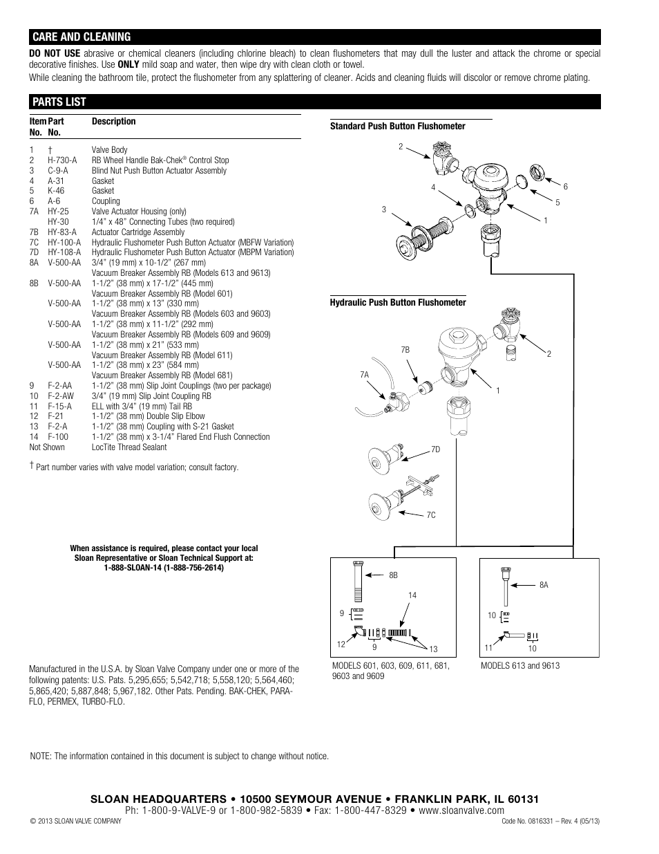Care and cleaning parts list | Sloan 601 Prison Flushometer User Manual | Page 8 / 8
