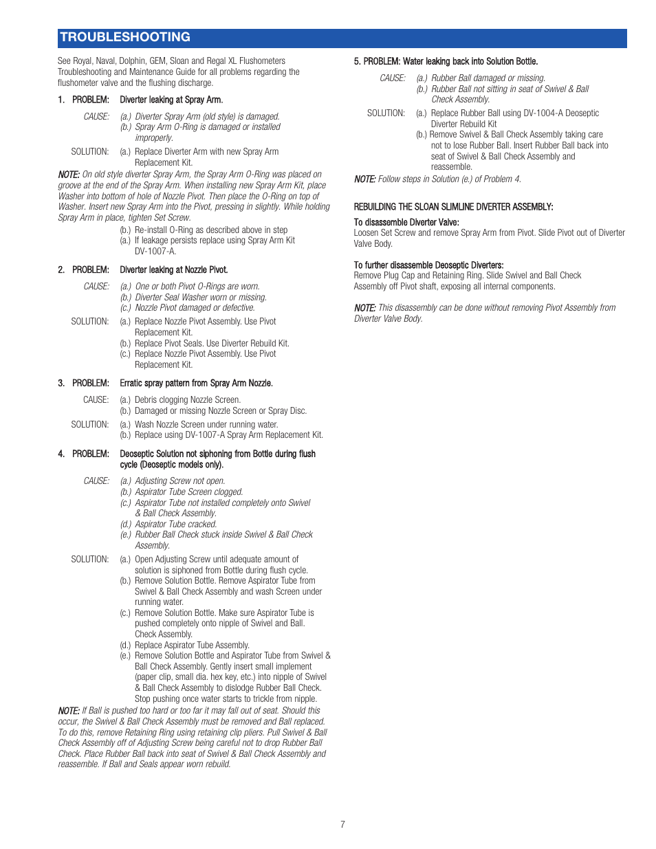 Troubleshooting | Sloan 10xx Slimline Bedpen Washer w/ Royal Flushometer User Manual | Page 7 / 8