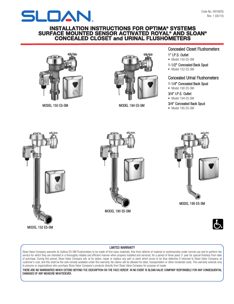 Sloan 150 ES-SM Optima ES-SM Concealed Surface Mount Flushometer User Manual | 8 pages