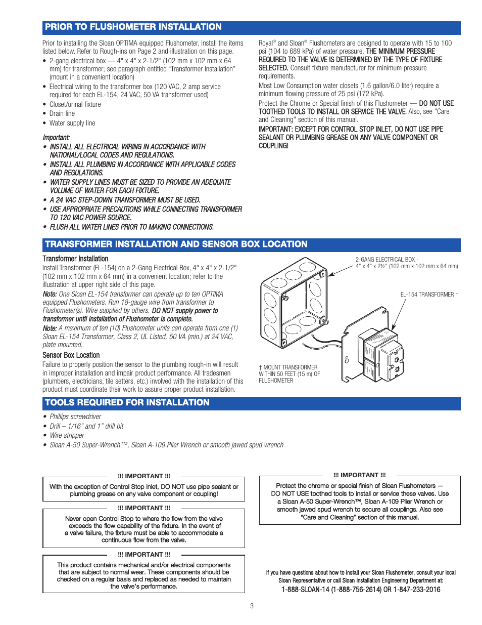 Sloan 150 ES-SM Optima ES-SM Concealed Surface Mount Flushometer User Manual | Page 3 / 8