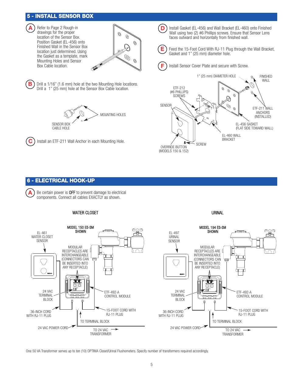 5 - install sensor box 6 - electrical hook-up | Sloan 150 ES-SM Optima ES-SM Concealed Surface Mount Flushometer User Manual | Page 5 / 8