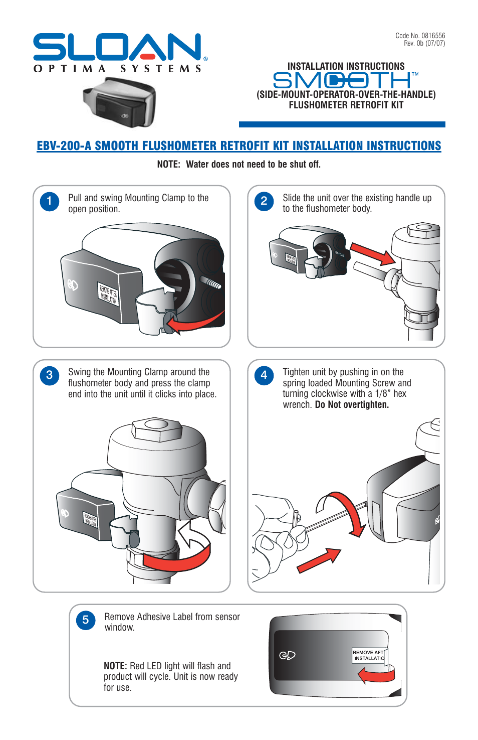 Sloan EBV-200-A SMOOTH Battery Powered Retrofit User Manual | 4 pages