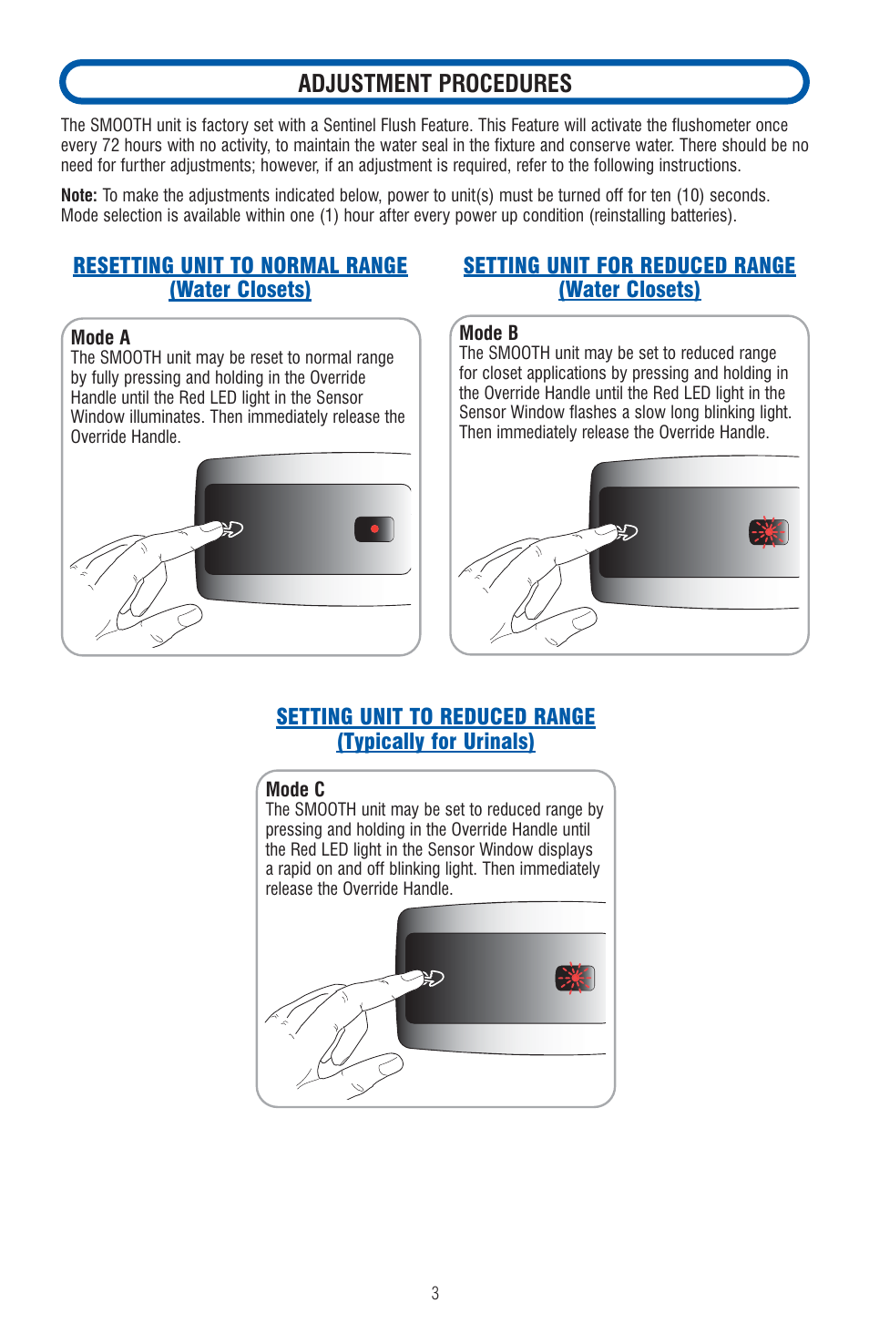 Adjustment procedures | Sloan EBV-200-A SMOOTH Battery Powered Retrofit User Manual | Page 3 / 4