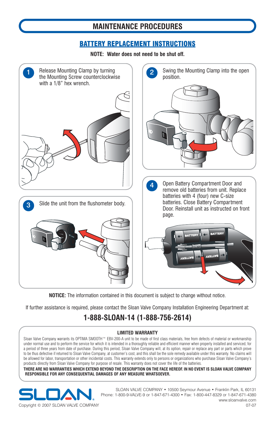 Maintenance procedures, Battery replacement instructions 1 | Sloan EBV-200-A SMOOTH Battery Powered Retrofit User Manual | Page 4 / 4