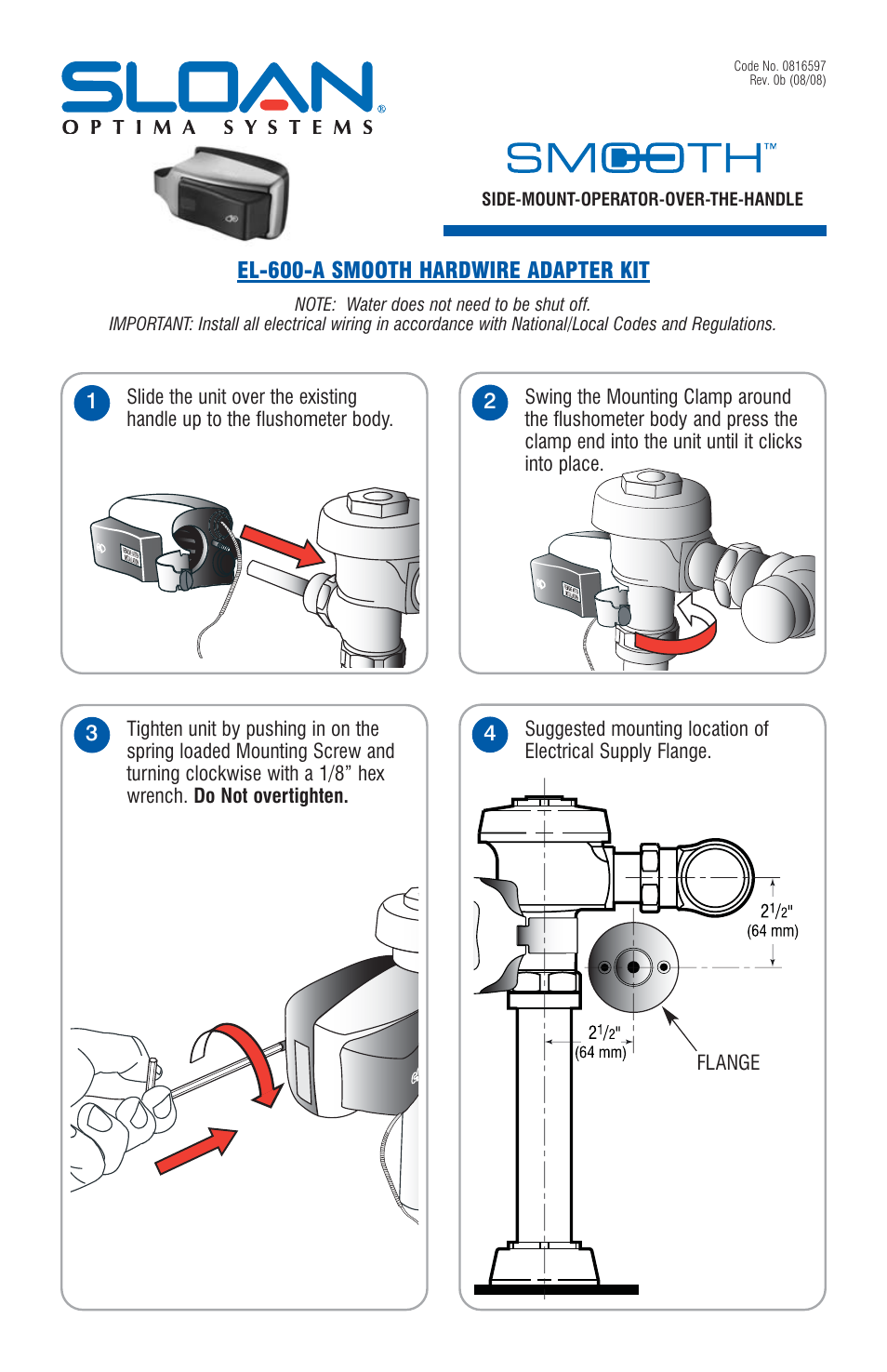 Sloan EL-600-A SMOOTH Hardwired Flushometer User Manual | 4 pages