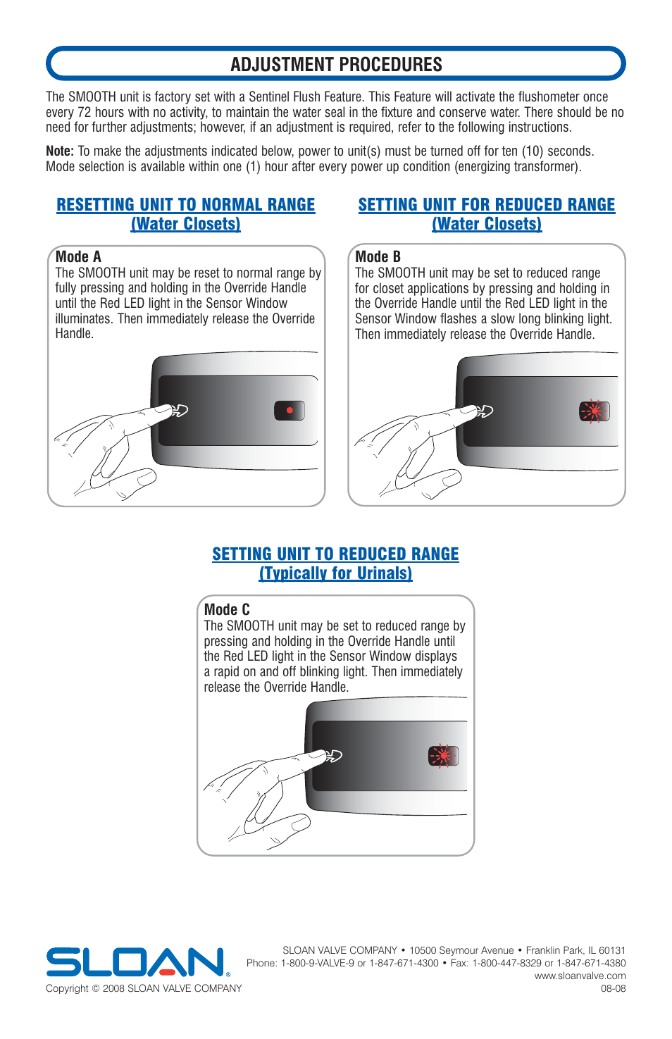 Adjustment procedures, Resetting unit to normal range (water closets), Setting unit for reduced range (water closets) | Sloan EL-600-A SMOOTH Hardwired Flushometer User Manual | Page 4 / 4