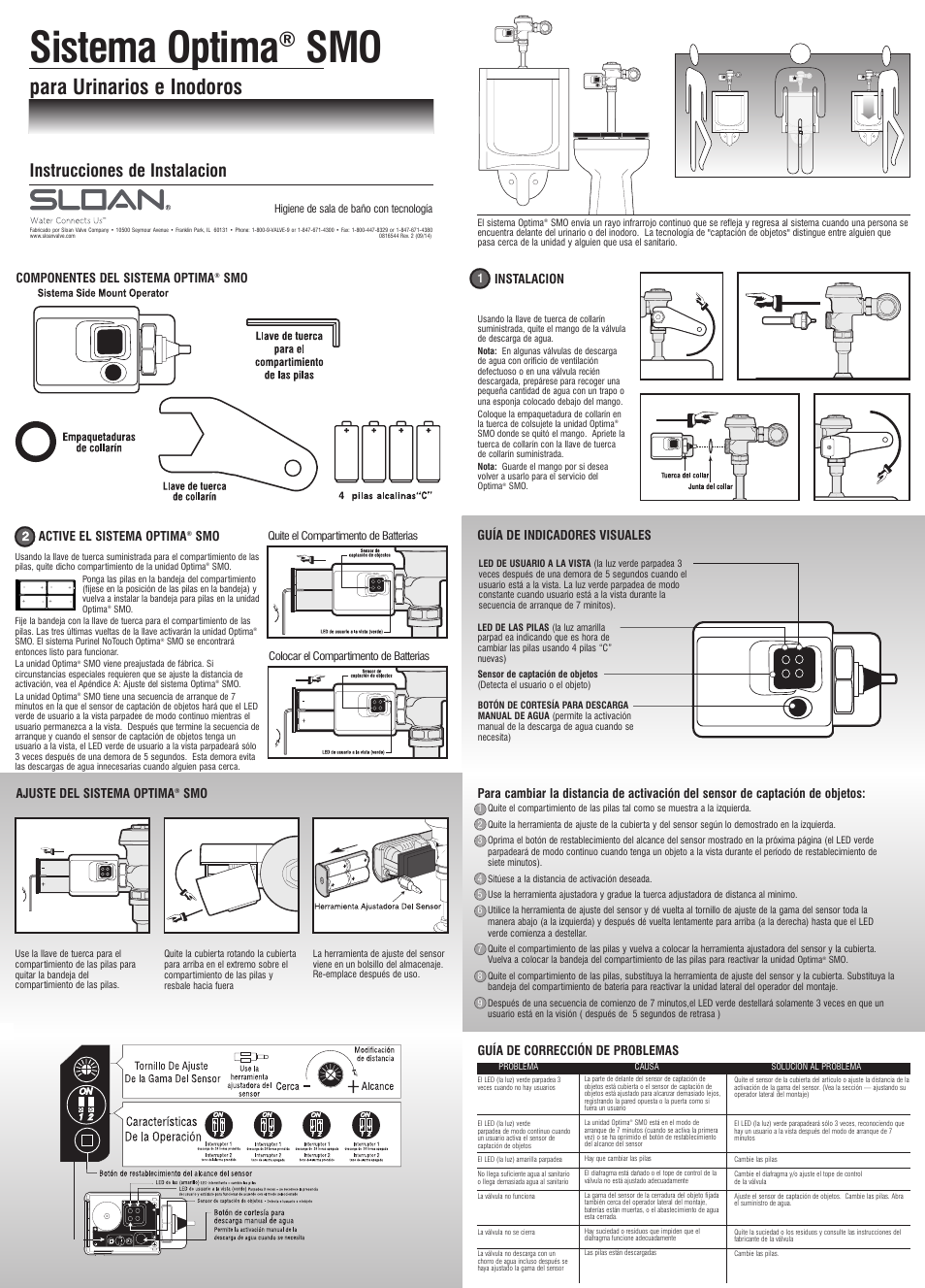 Sistema optima, Para urinarios e inodoros, Instrucciones de instalacion | Componentes del sistema optima, Instalacion, Active el sistema optima, Smo guía de indicadores visuales, Ajuste del sistema optima, Smo guía de corrección de problemas | Sloan SMO Battery Powered Retrofit User Manual | Page 2 / 2