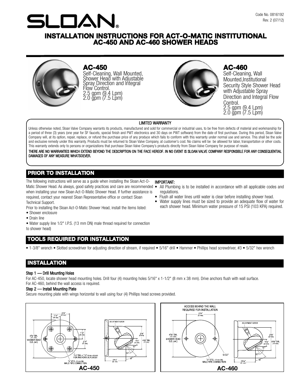 Sloan AC-450 Act-O-Matic Institutional Showerhead User Manual | 2 pages