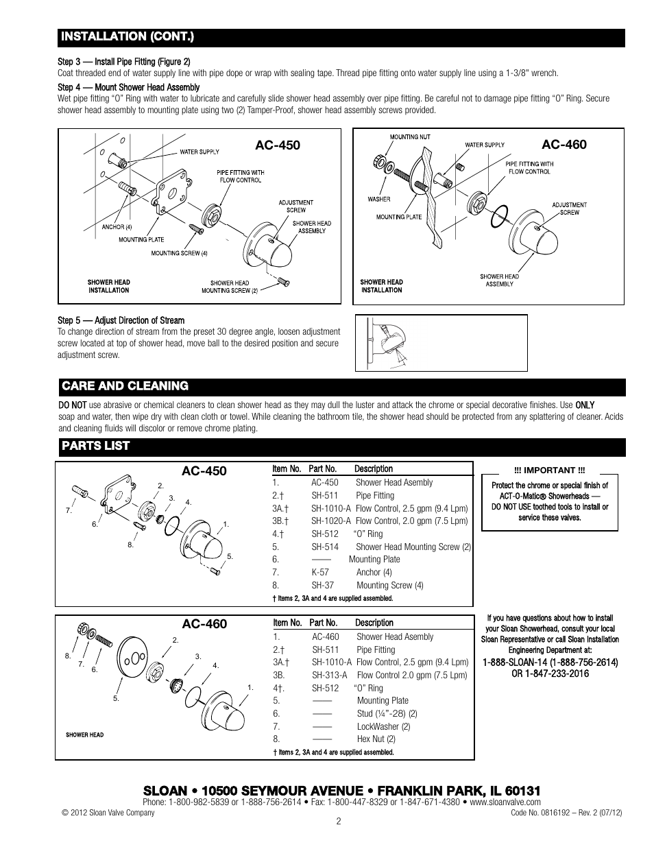 Ac-450, Ac-460, Installation (cont.) | Care and cleaning, Parts list | Sloan AC-450 Act-O-Matic Institutional Showerhead User Manual | Page 2 / 2