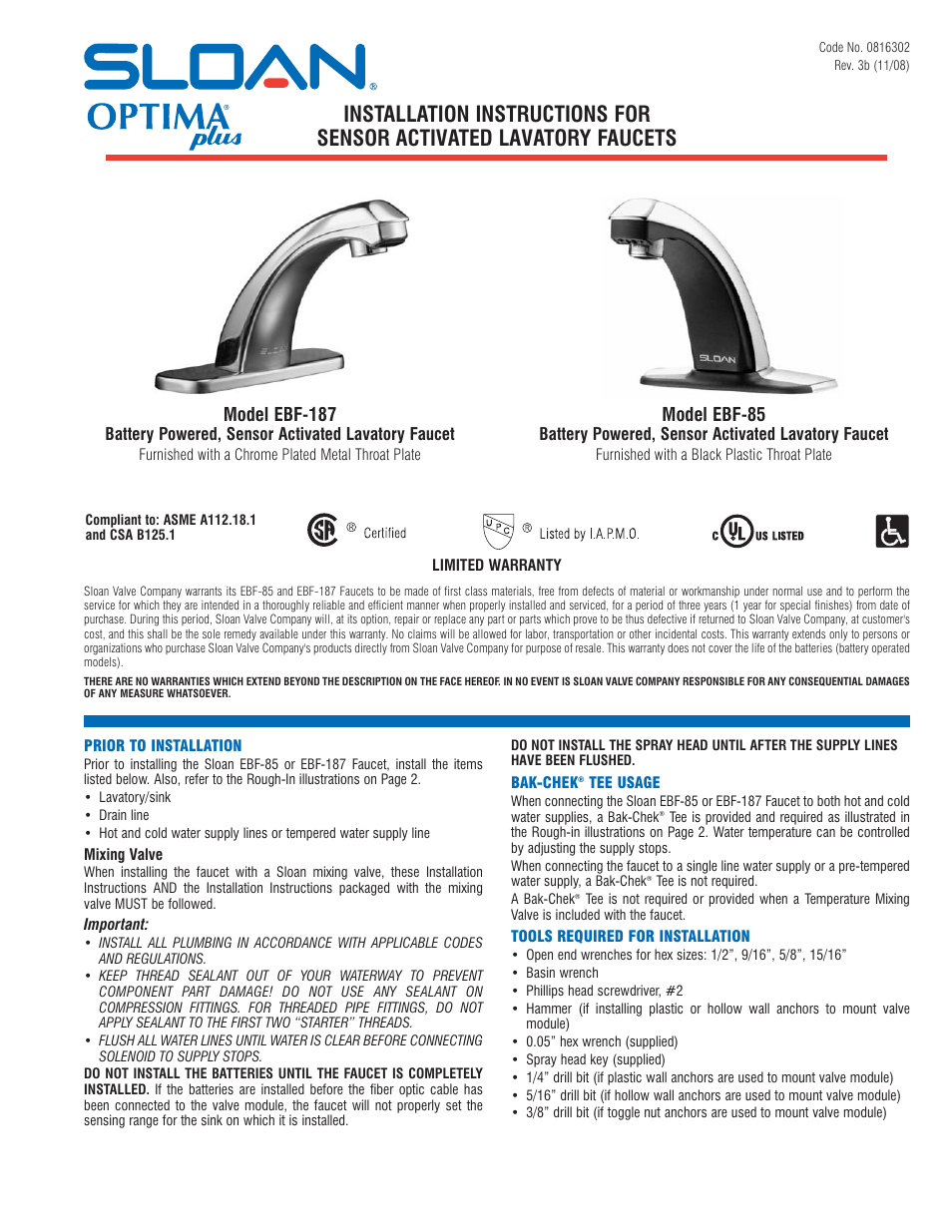 Sloan EBF-187 Faucet User Manual | 8 pages