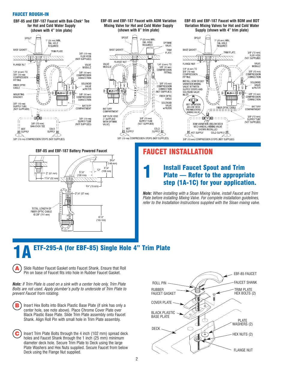 Faucet installation | Sloan EBF-187 Faucet User Manual | Page 2 / 8