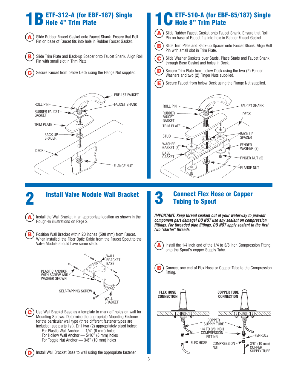 Install valve module wall bracket, Connect flex hose or copper tubing to spout | Sloan EBF-187 Faucet User Manual | Page 3 / 8