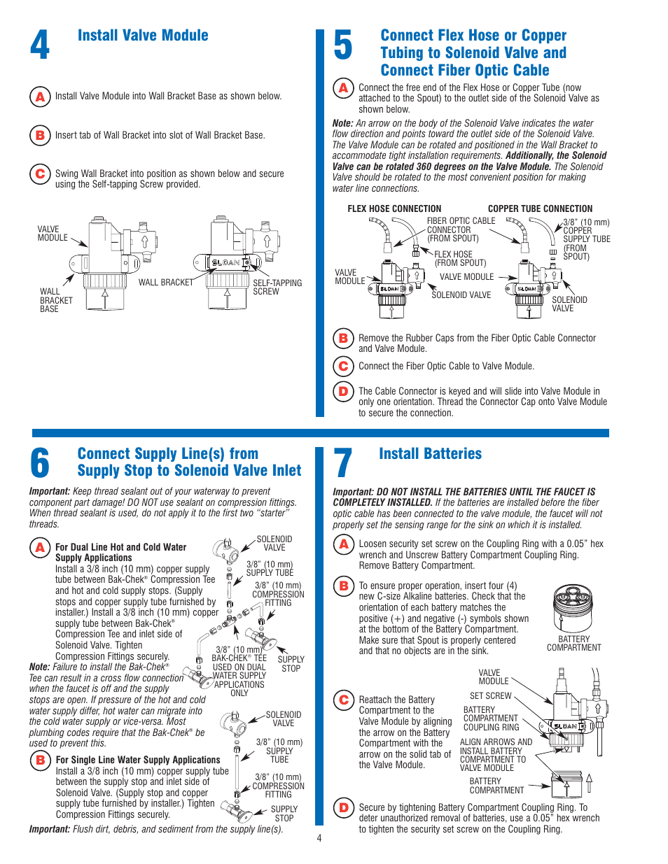 Install valve module, Install batteries | Sloan EBF-187 Faucet User Manual | Page 4 / 8