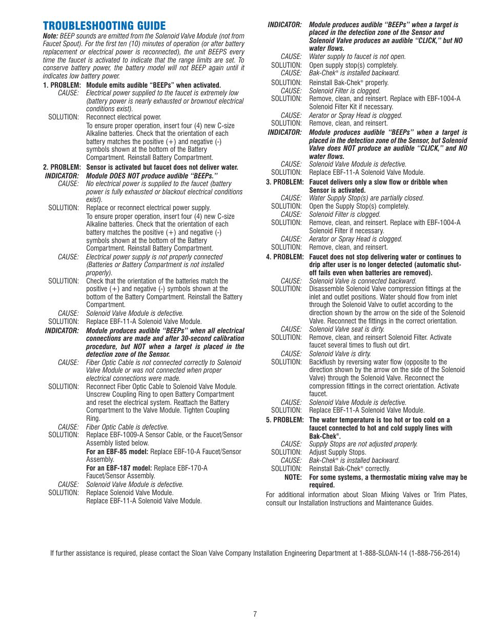 Troubleshooting guide | Sloan EBF-187 Faucet User Manual | Page 7 / 8