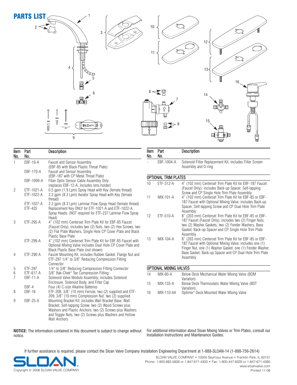 Parts list | Sloan EBF-187 Faucet User Manual | Page 8 / 8