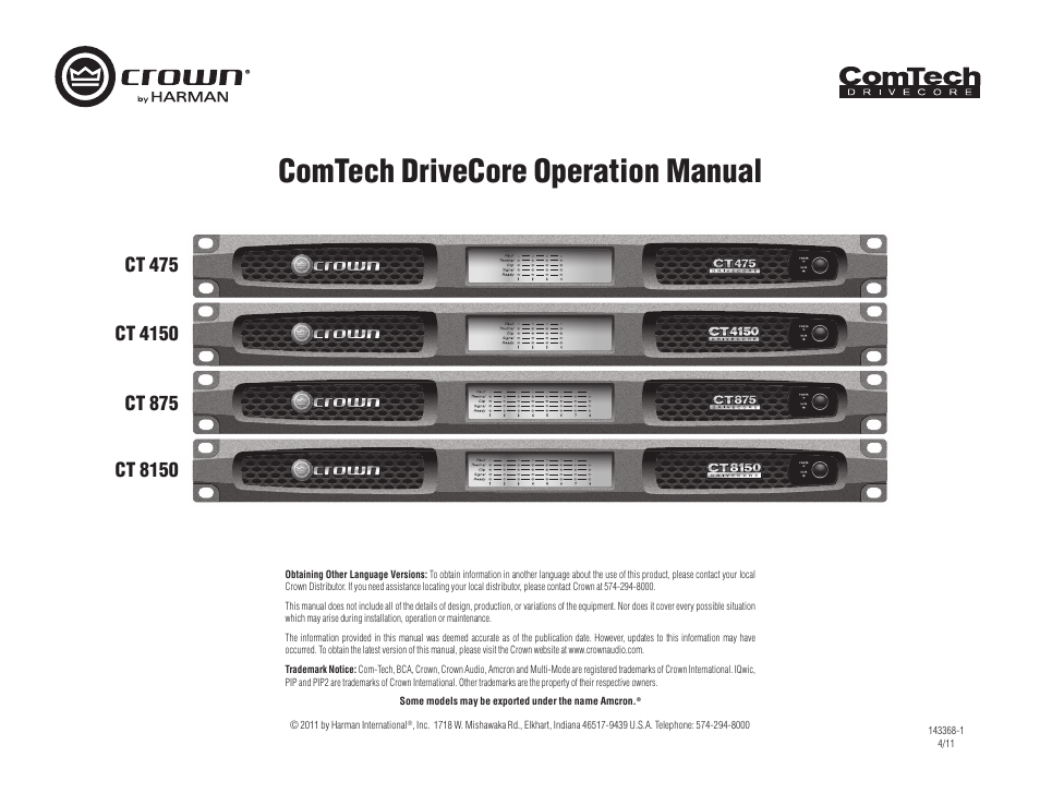 Crown COMTECH DRIVECORE CT 875 User Manual | 28 pages