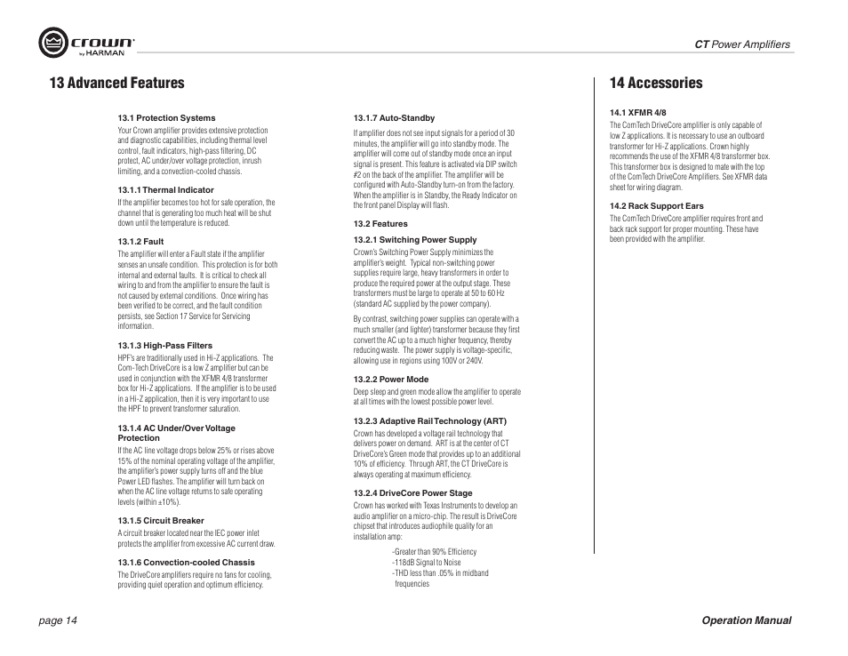 13 advanced features, 14 accessories | Crown COMTECH DRIVECORE CT 875 User Manual | Page 14 / 28