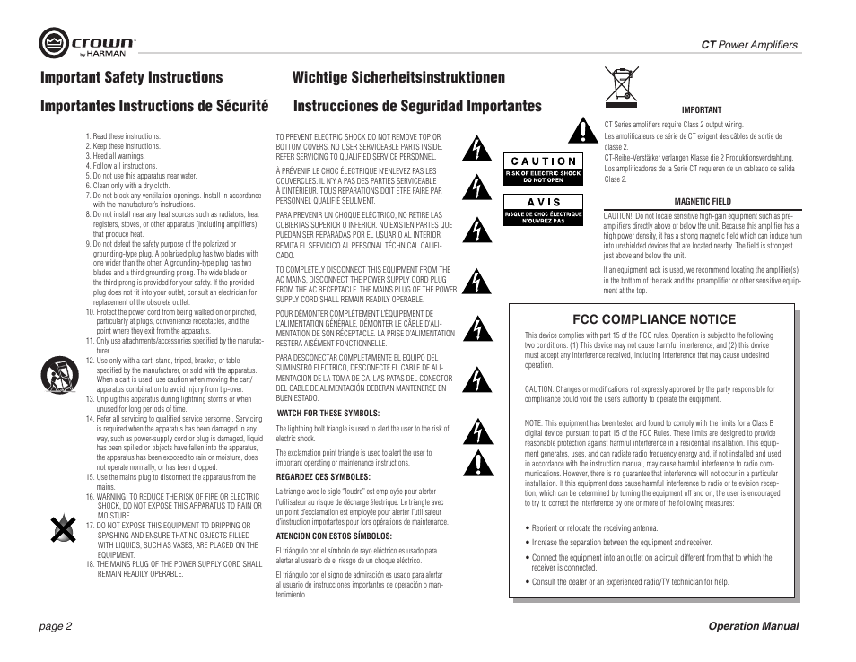 Important safety instructions, Fcc compliance notice | Crown COMTECH DRIVECORE CT 875 User Manual | Page 2 / 28