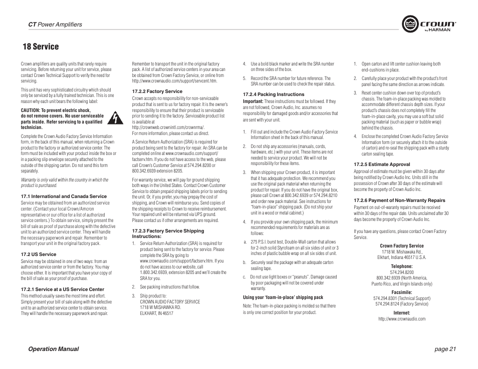 18 service | Crown COMTECH DRIVECORE CT 875 User Manual | Page 21 / 28