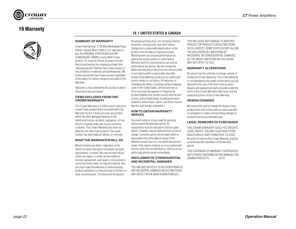 19 warranty | Crown COMTECH DRIVECORE CT 875 User Manual | Page 22 / 28