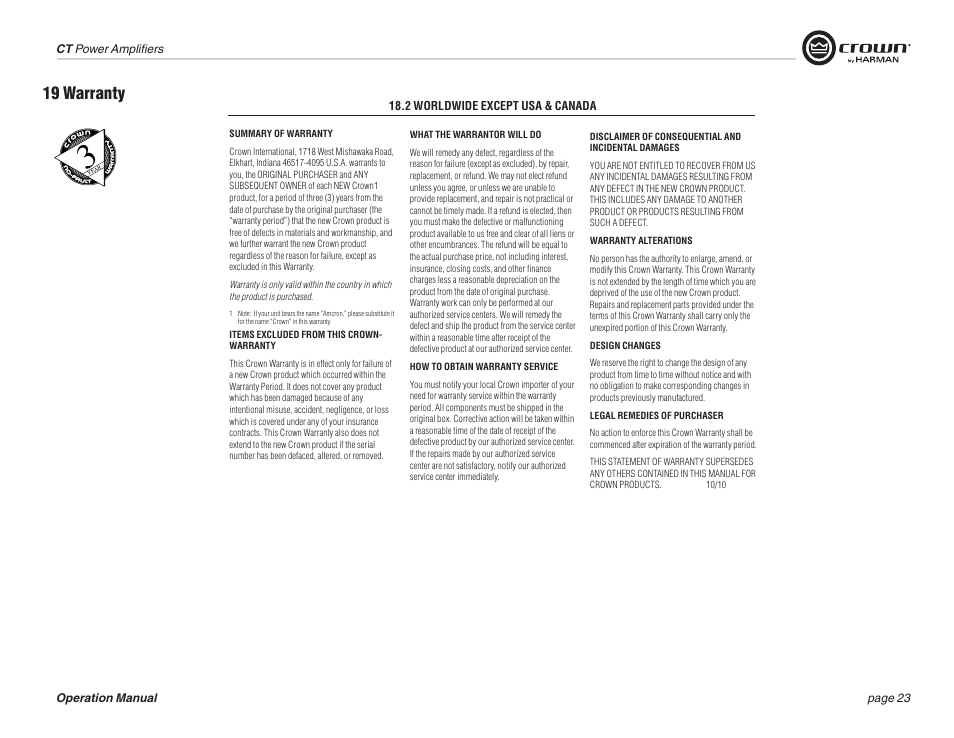 19 warranty | Crown COMTECH DRIVECORE CT 875 User Manual | Page 23 / 28